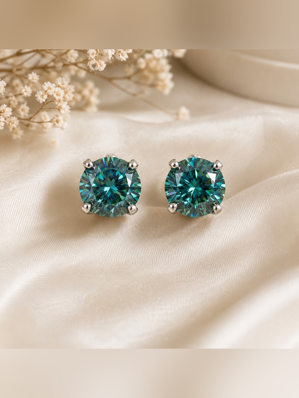 2 Carat Blue/Green Moissanite Sterling Silver Stud Earrings